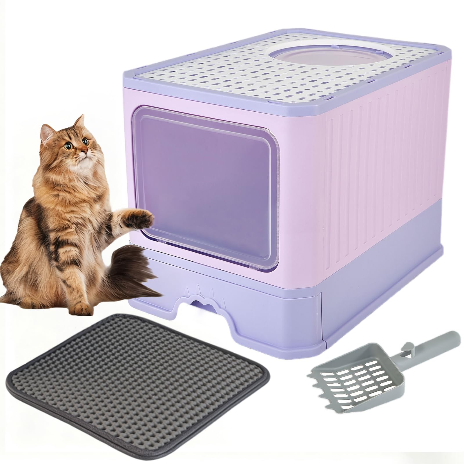 Cat Litter Box with Scoop, Large Foldable Litter Box with Lid, Front Entry Top Exit Kitty Box, Odor Control, Easy to Clean (Purple)