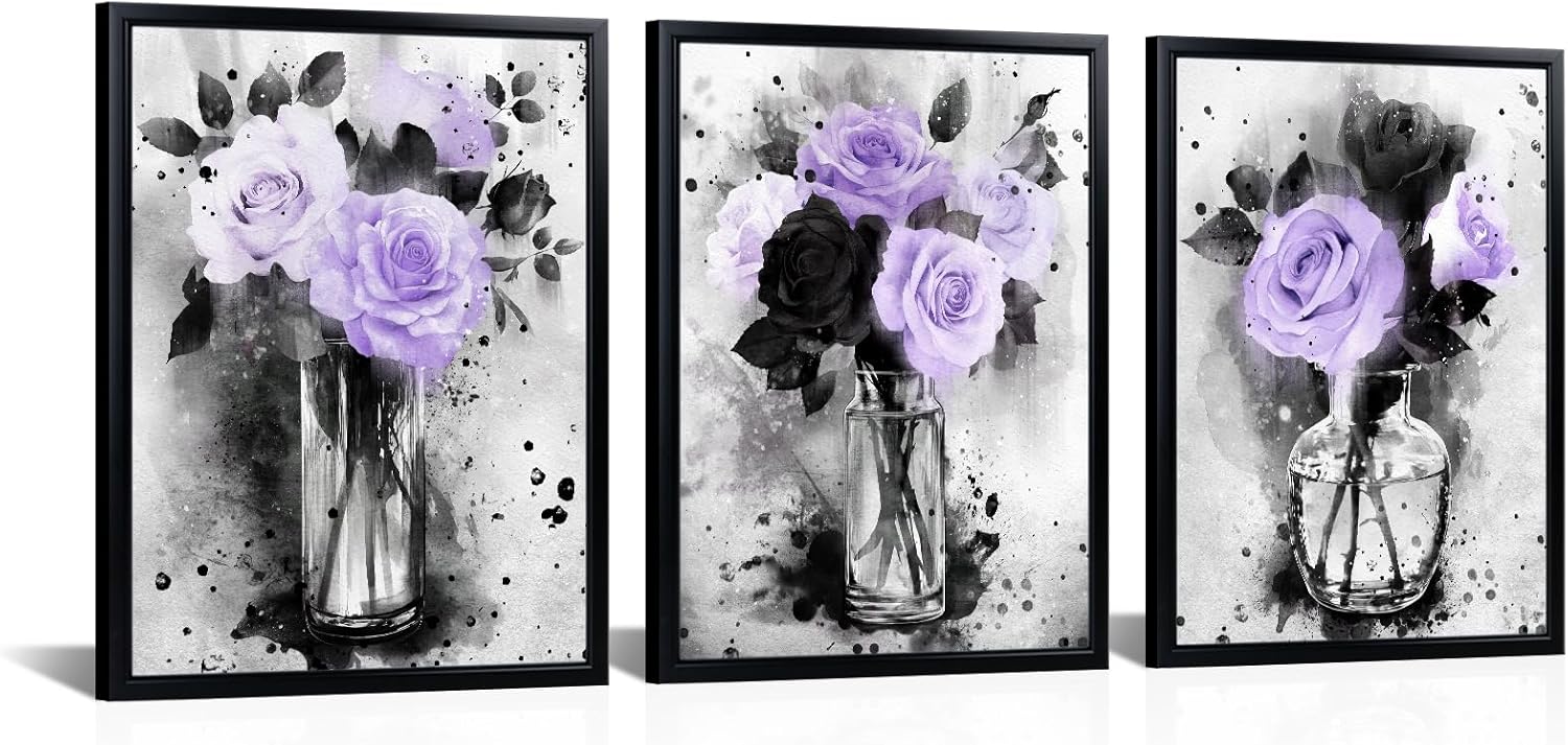 Visual Art Decor Flower Painting Floral Pictures Canvas Print, Woman Girls Bathroom Decor Bedroom Wall Decor Framed 12x16inchx3Pieces, Black Frame (Purple)