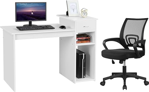 Yaheetech White Computer Desk and Chair Set with Drawer, Shelves, Mesh Seat