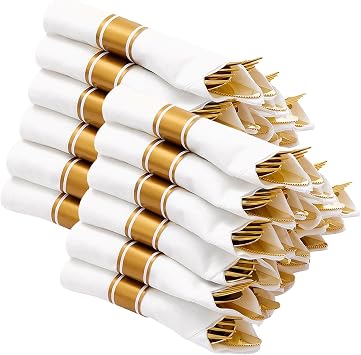 N9R 120 Pack Pre Rolled Gold Plastic Silverware with Napkins, Disposable