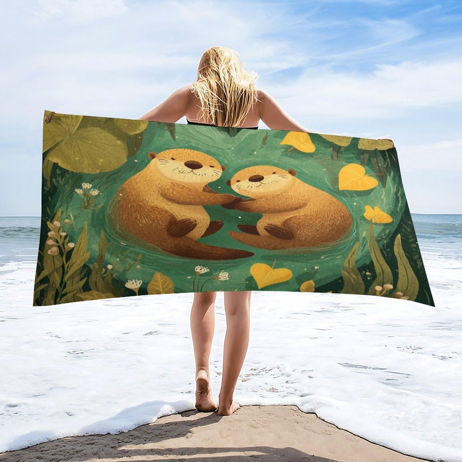 Luyysky Colorful Classic Otter Couple Absorbent Beach Towel, Rustic Funny Animal Otter Plant Lotus Leaves Flowers Outdoor Single-Sided Velvet Beach Towel-80 W Cm X 160" L Cm