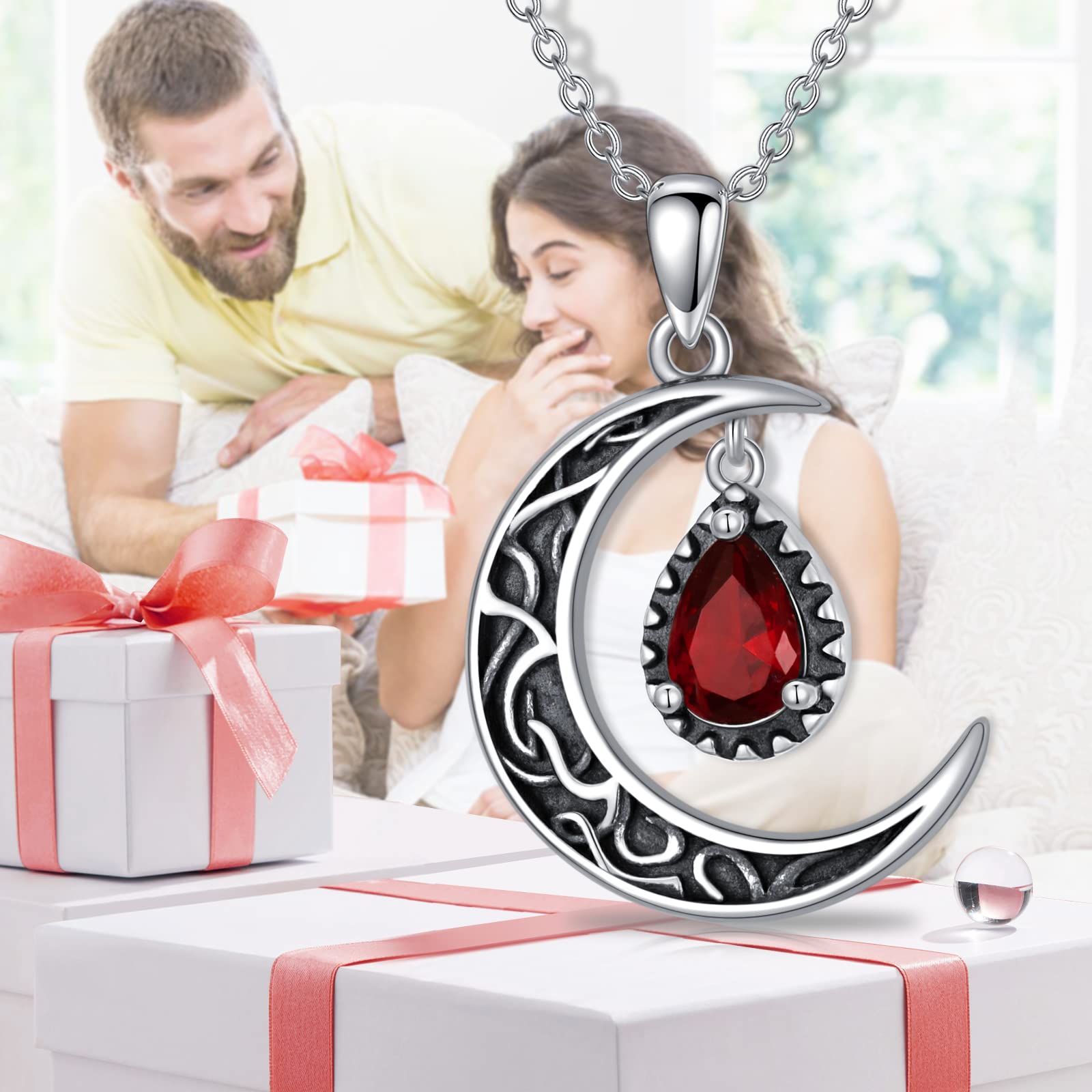VONALA Halbmond-Halskette Sterlingsilber Rot/Lila/Schwarz/Mehrfarbig/Aquamarin/Blau/Moosachat keltische Mond-Halskette keltischer Schmuck Geschenke für Frauen Mädchen Geburtstag