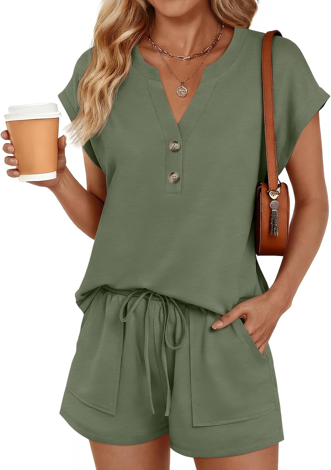 LILLUSORY Womens Henley 2 Piece Short Sets Summer 2026 Lounge Spring Beach Airport Travel Vacation Outfits Matching Sweatsuit