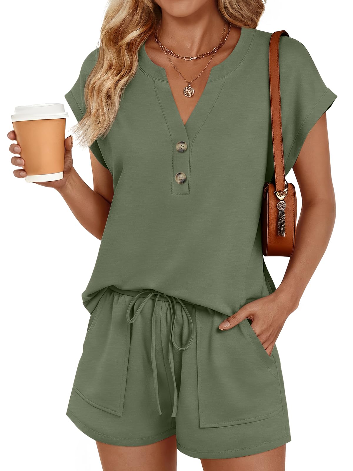 Photo 1 of **shirt only**
LILLUSORY Womens 2 Piece Summer Short Sets 2026 Vacation Spring Beach Matching Airport Travel Outfits Lounge Wear Sweat Suits Army Green M