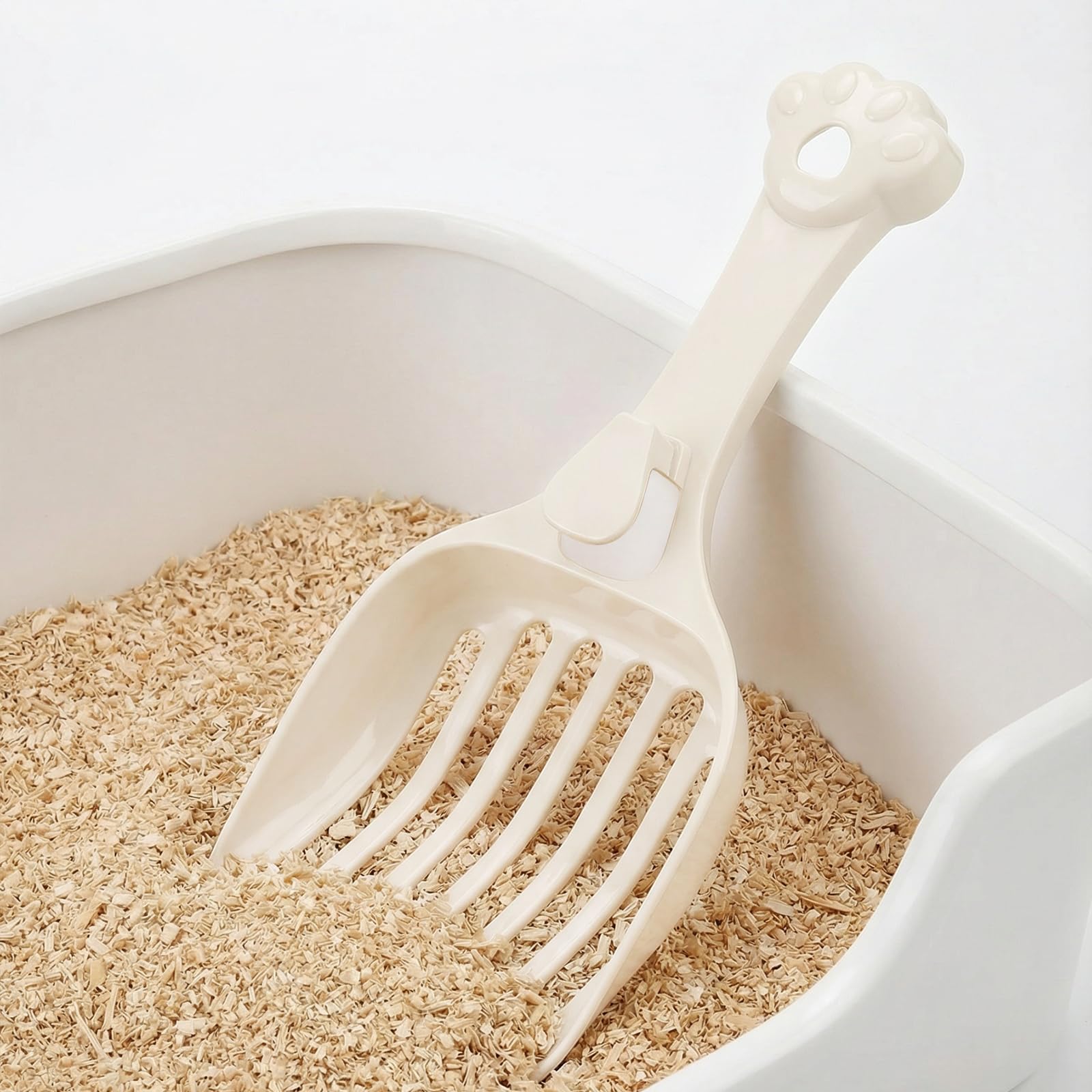 Depets Cuchara de arena para gatos, pala de arena con listones anchos, pala de arena para gatitos para pellets de pino, cuchara de plástico duradero, diseñada para un fácil tamizado, blanco lechoso