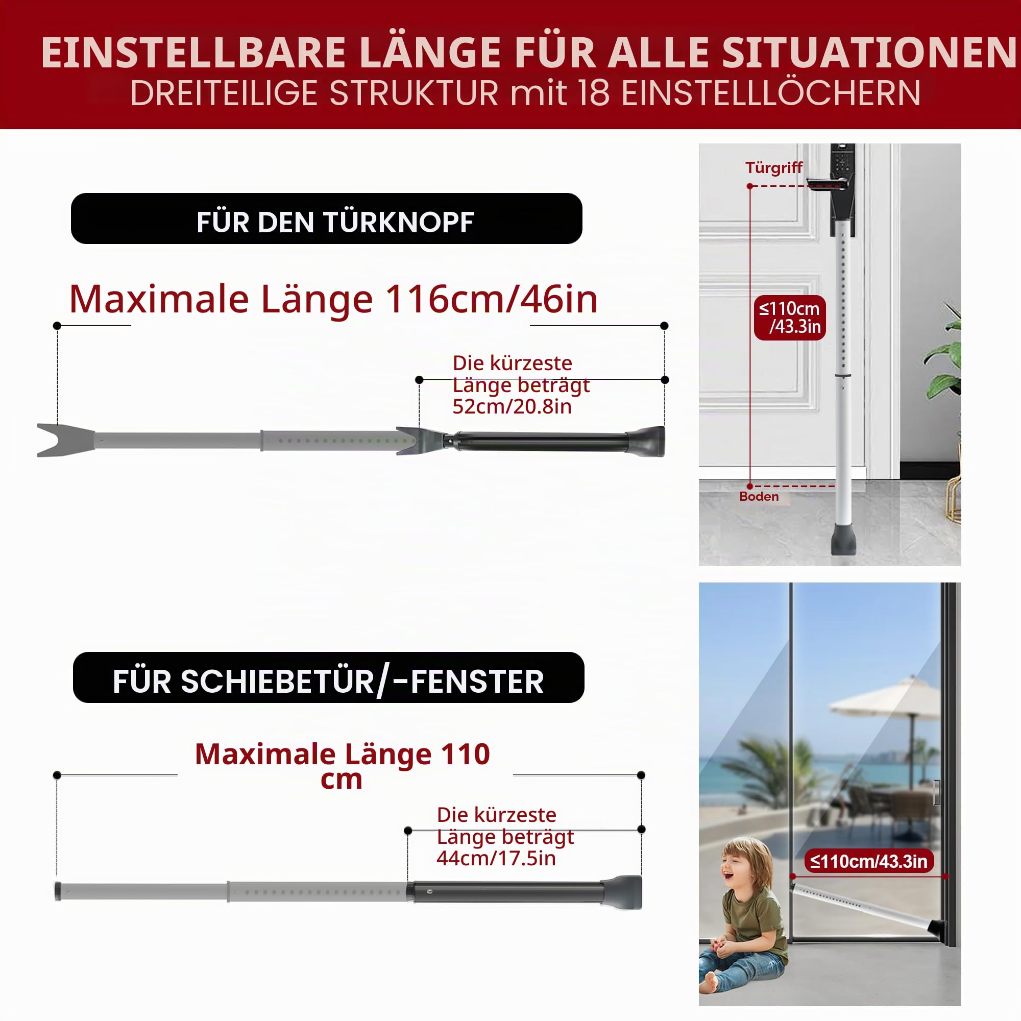 Tür Sicherheitsstange, Weiß 1-Pack Erweiterter Sicherheitsstange für Türen, Heavy Duty Türsicherung, Einstellbarer Balkontür Sicherung, Einbruchschutz Fenster, Tür Sicherheit für Zuhause, Wohnung