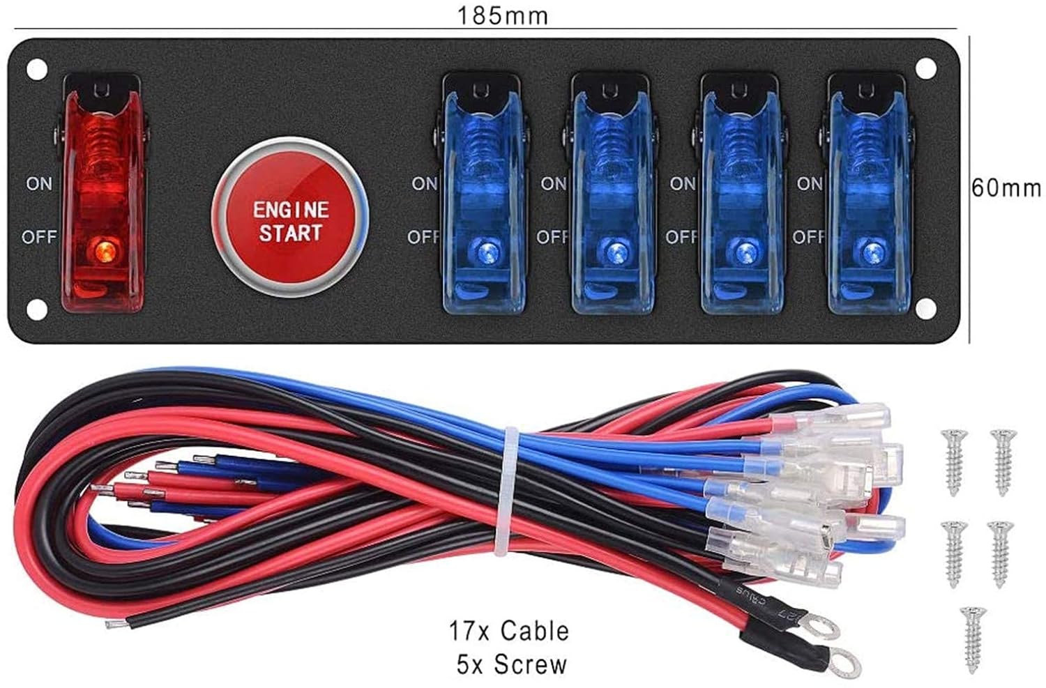 DC12V Flip-Up Ignition Switch Panel 5 in 1 Car Engine Start Push Button LED Toggle Racing Sport Competitive Car (4Blue 1Red, Black Panel)