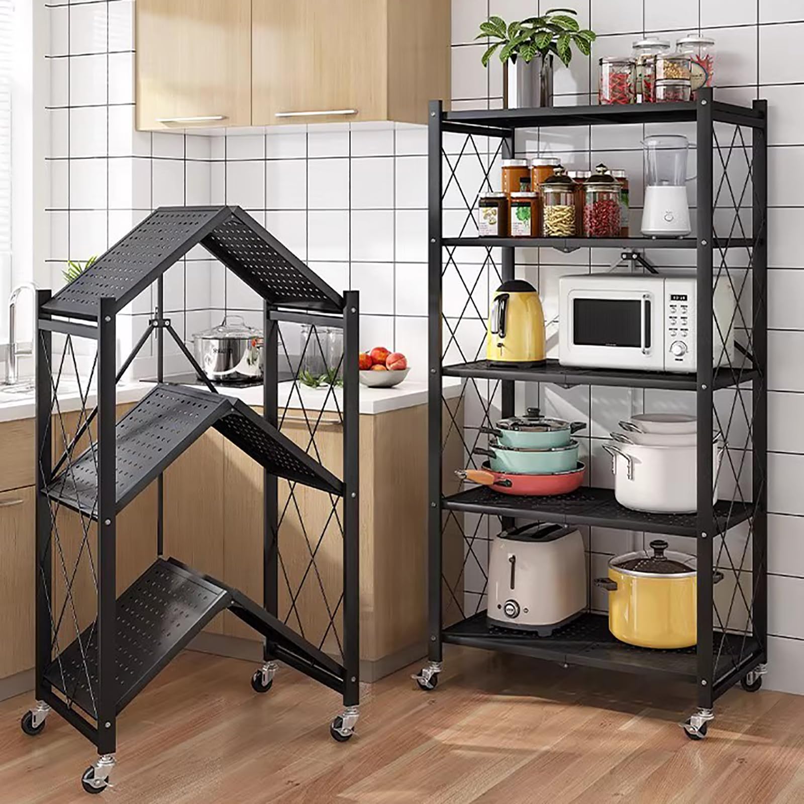Scaffali pieghevoli in metallo con ruote – Cucina a 4 ripiani per forno a microonde, nessun montaggio necessario salvaspazio nero dispensa scaffale (81,3 cm W) – ideale per casa e cucina