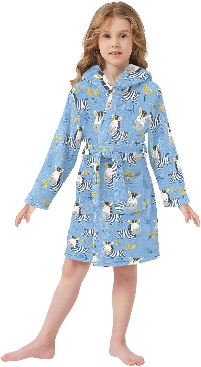 senya Zebra on Blue Leaves Toddler Hooded Bathrobe Kids Soft Plush Bath Towel Robes for Boys Girls 2-12 Years