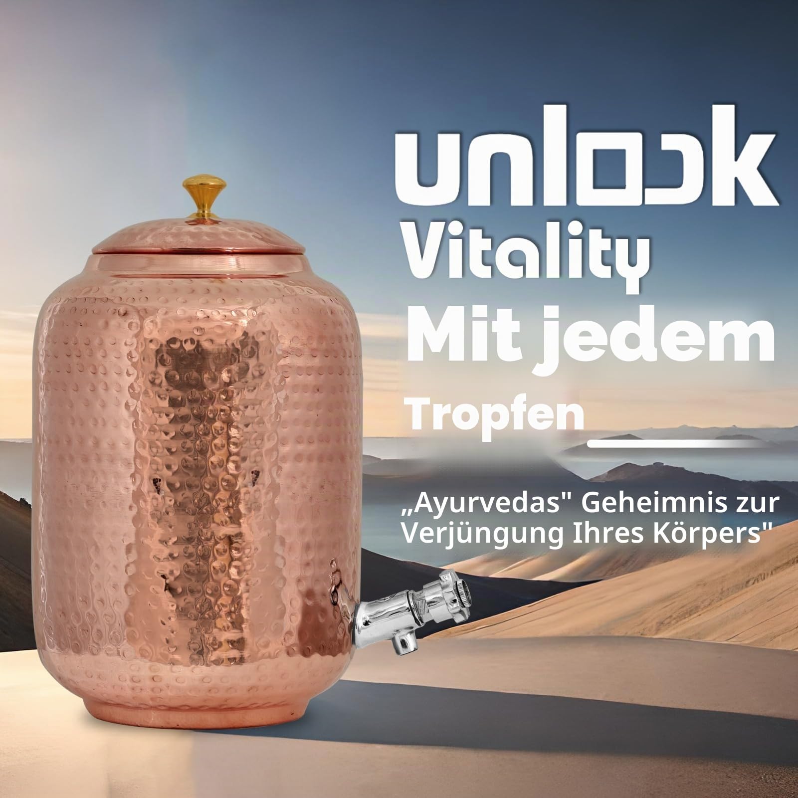 Kupfer-Wasserspender 30 Liter / 8 Gallonen und 2 Gläser mit Wasserflaschen-Set, handgehämmert, ayurvedische Hydratation zum Trinken