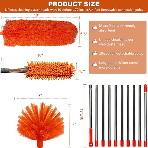 Miniatura 2 de Kit de polvo de alto alcance de más de 20 pies con poste de extensión de instalación libre de 3-14 pies, plumero de techo alto, plumero de