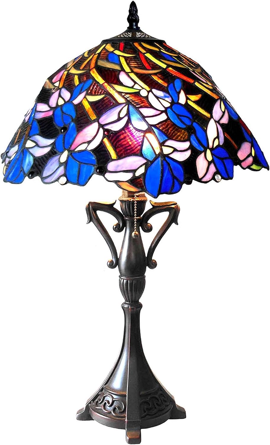 Pemberly Row Modern Tiffany-Style 2-Light Table Lamp, 19" Shade, Glass and Metal, Dark Antique Bronze Finish, Floral Design, Pull Chain, Indoor Use, 26" H x 19" W, Stained Glass Decoration