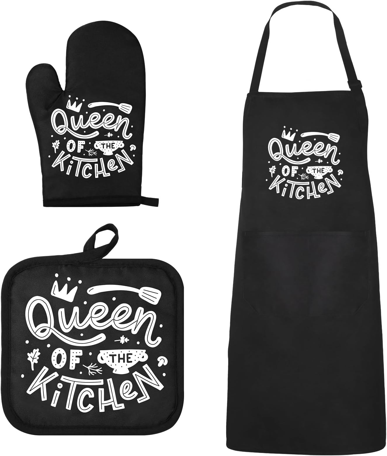 XtinmeeGifts for Dad Men women 3 Pieces Funny Black Apron and Oven Mitts and Pot Holders, Kitchen Cooking BBQ Chef Apron Set