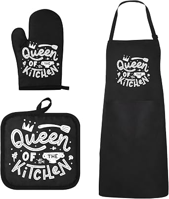 Xtinmee 3 Pcs Black Apron Set for Women, Funny Cooking Gift Include Black Apron with Pocket and Oven Mitt and Pot Holder for Birthday Housewarming Gifts for Mom Wife Sister Daughter Grandma Neighbor