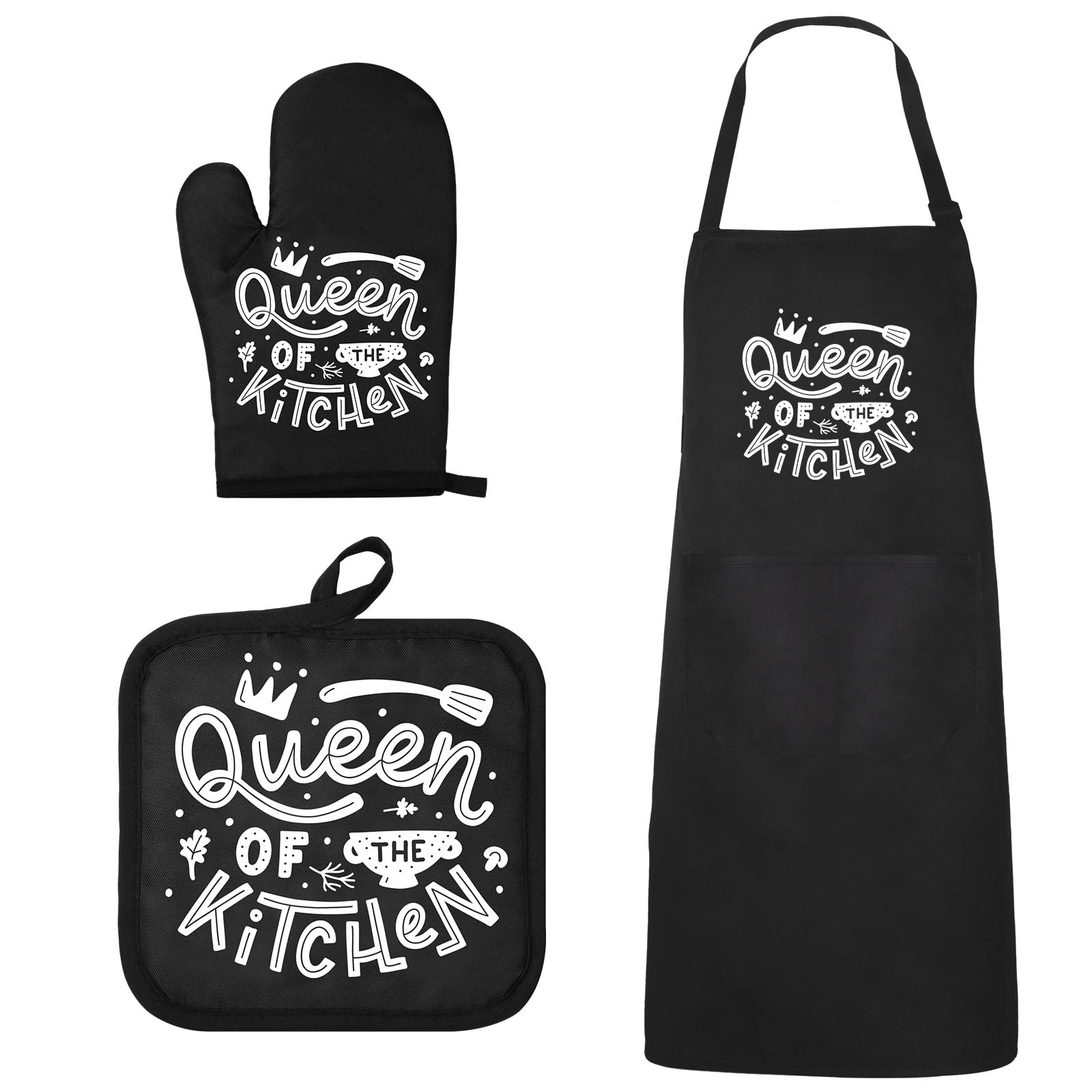 XtinmeeGifts for Dad Men women 3 Pieces Funny Black Apron and Oven Mitts and Pot Holders, Kitchen Cooking BBQ Chef Apron Set
