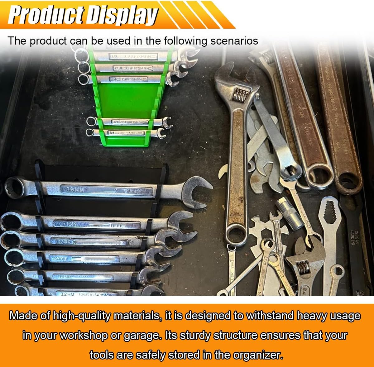 2PCS Wrench Organizer Tray, 16-Slot Each Wrench Rack Tray, Fits SAE (1/4" to 1-1/16") and Metric (6mm to 24mm) Wrenches, Heavy Duty Tool Holder for Toolbox or Drawer Storage (Black&Green)