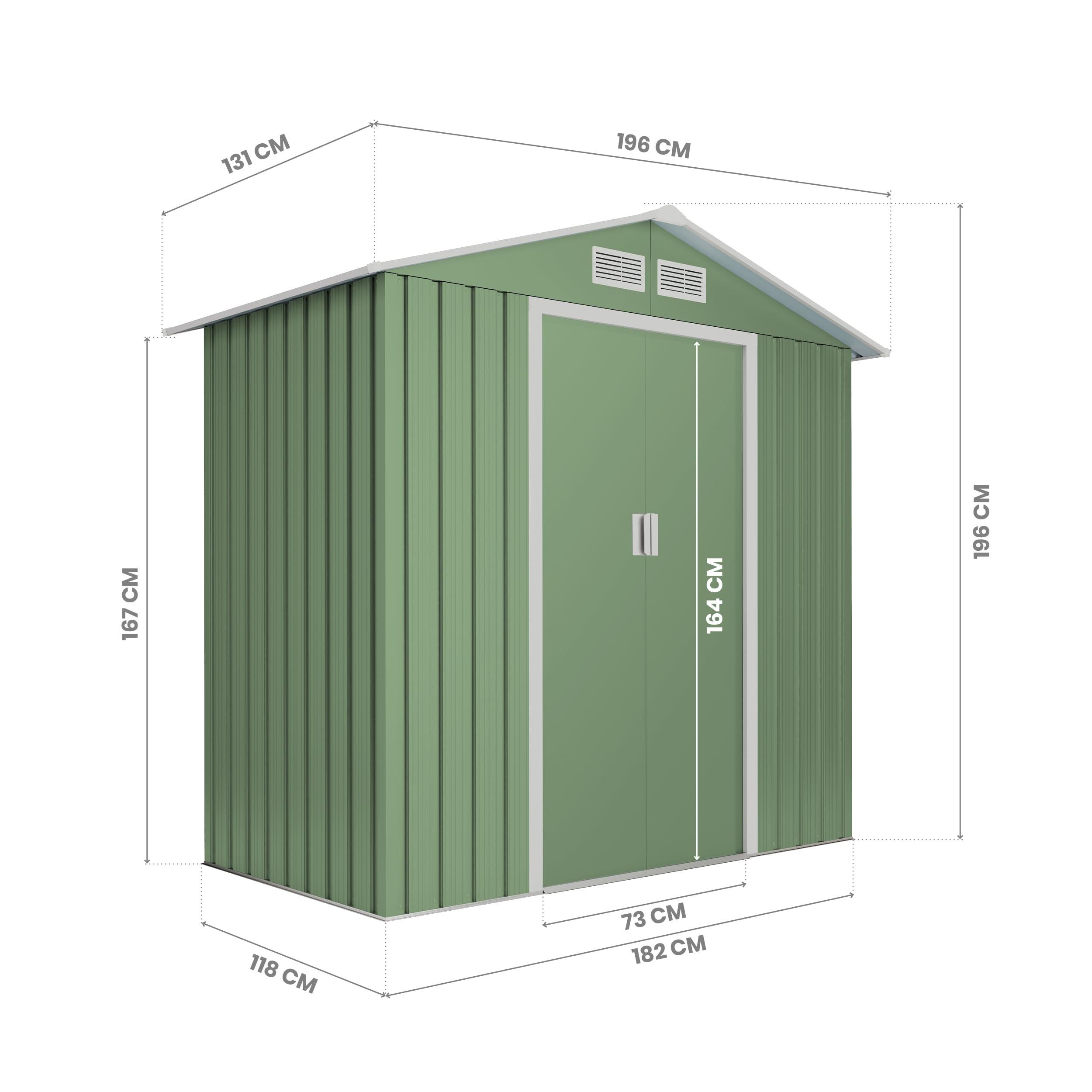 Wasabi - Casetta giardino esterno 2,57 m2 Light Green - 4 griglie anticondensa - verde e beige - doppia porta scorrevole - tetto a due falde - capannone in metallo per stoccaggio esterno