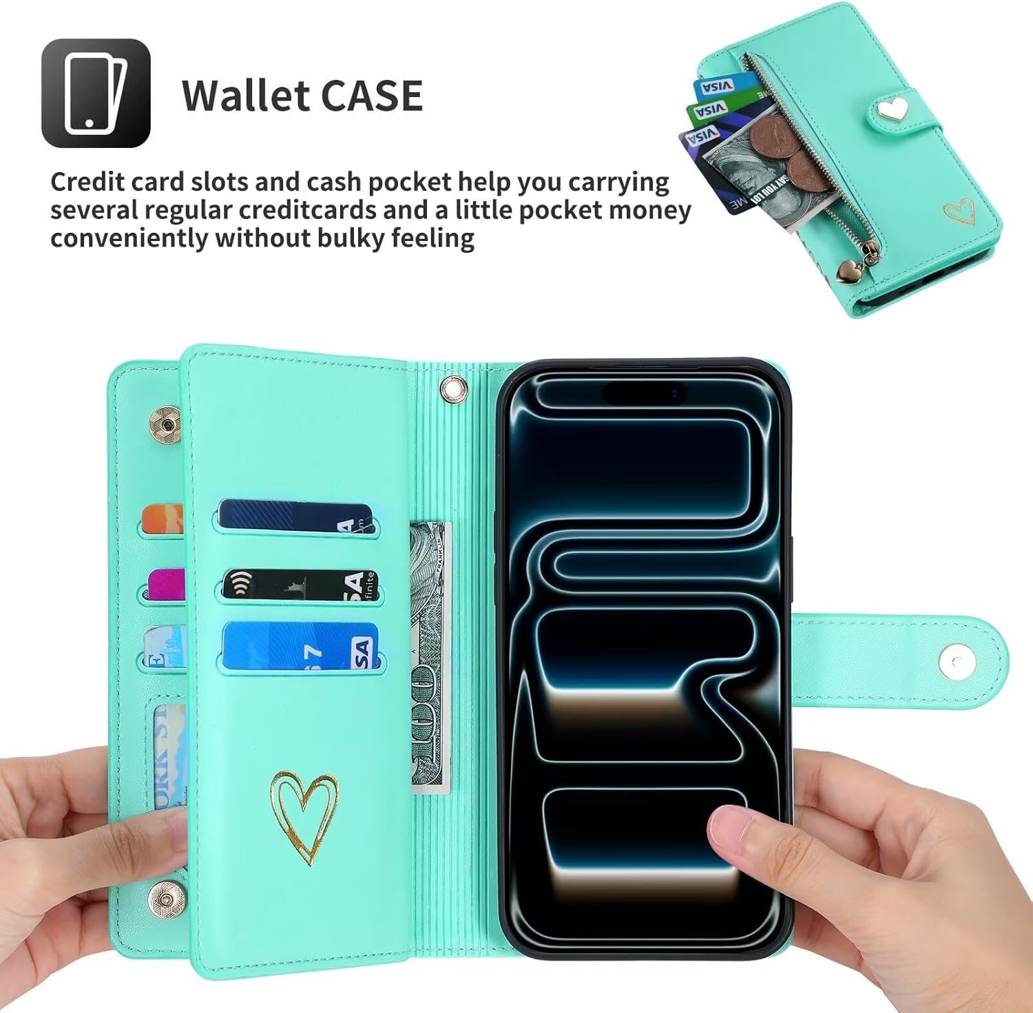 Wallet Case for iPhone 17 Air, Fashion PU Leather Heart Cover for Women Girls, Handbag Zipper Pocket Magnetic Shockproof Flip Phone Case with Wrist Strap Card Slot Kickstand Blue