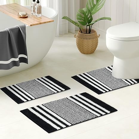 Amazon.com: Tindbea Black Bathroom Rugs Set 3 Pieces, Striped Ultra Soft Non Slip Absorbent ...