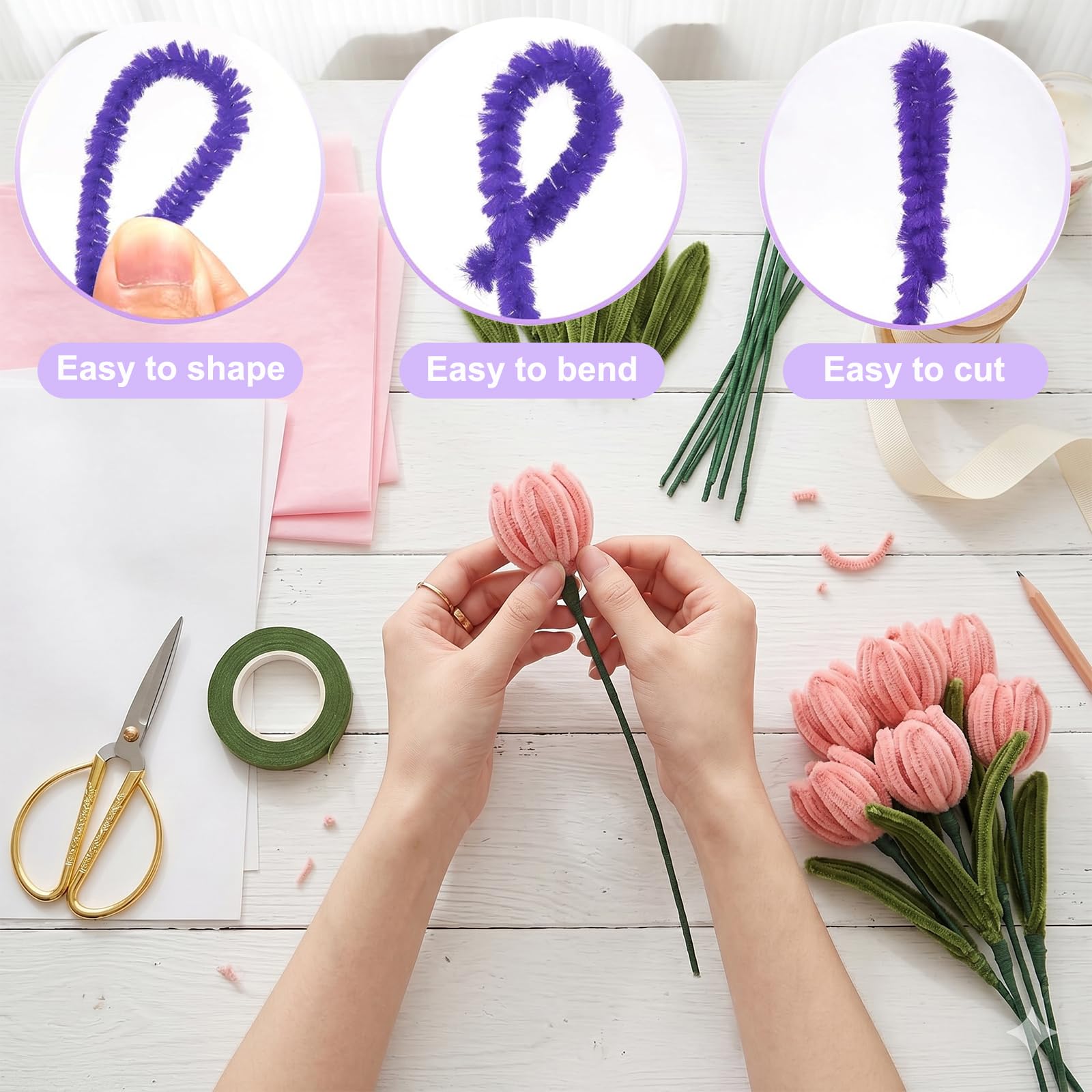 800 sztuk zestaw do czyszczenia fajek, kwiaty, 13 kolorów, 50 sztuk zielonego drutu kwiatowego, taśma prezentowa i taśma klejąca, do projektów DIY, do majsterkowania i dekoracji, idealne na Boże