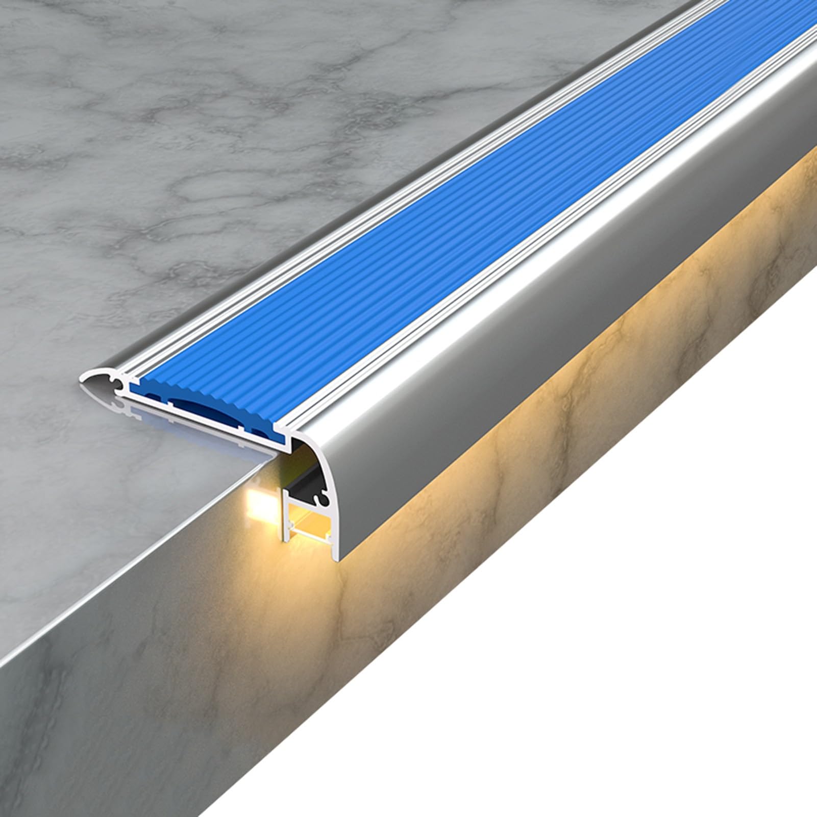 Stair Nosing Molding, Anti Slip Step Edge Trim with LED Light Slot, Aluminum Stair Edging for Cinema Hotel Home School(Blue,150cm/59in)
