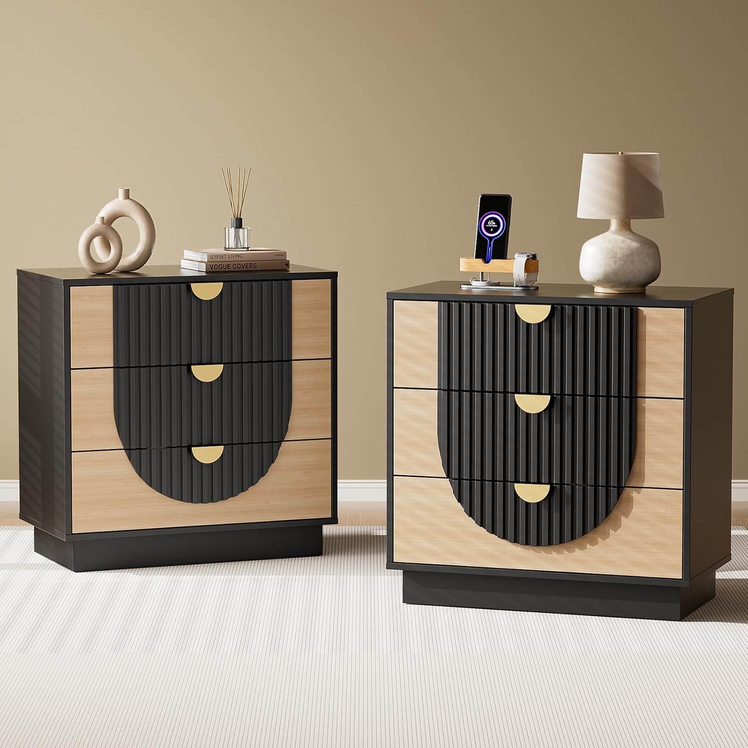 3 Drawer Nightstand with Charging Station,28" Fluted Night Stand & Modern Bedside Table, Wood End Table Storage Cabinet for Bedroom Hallway, Entryway,Black Set of 2