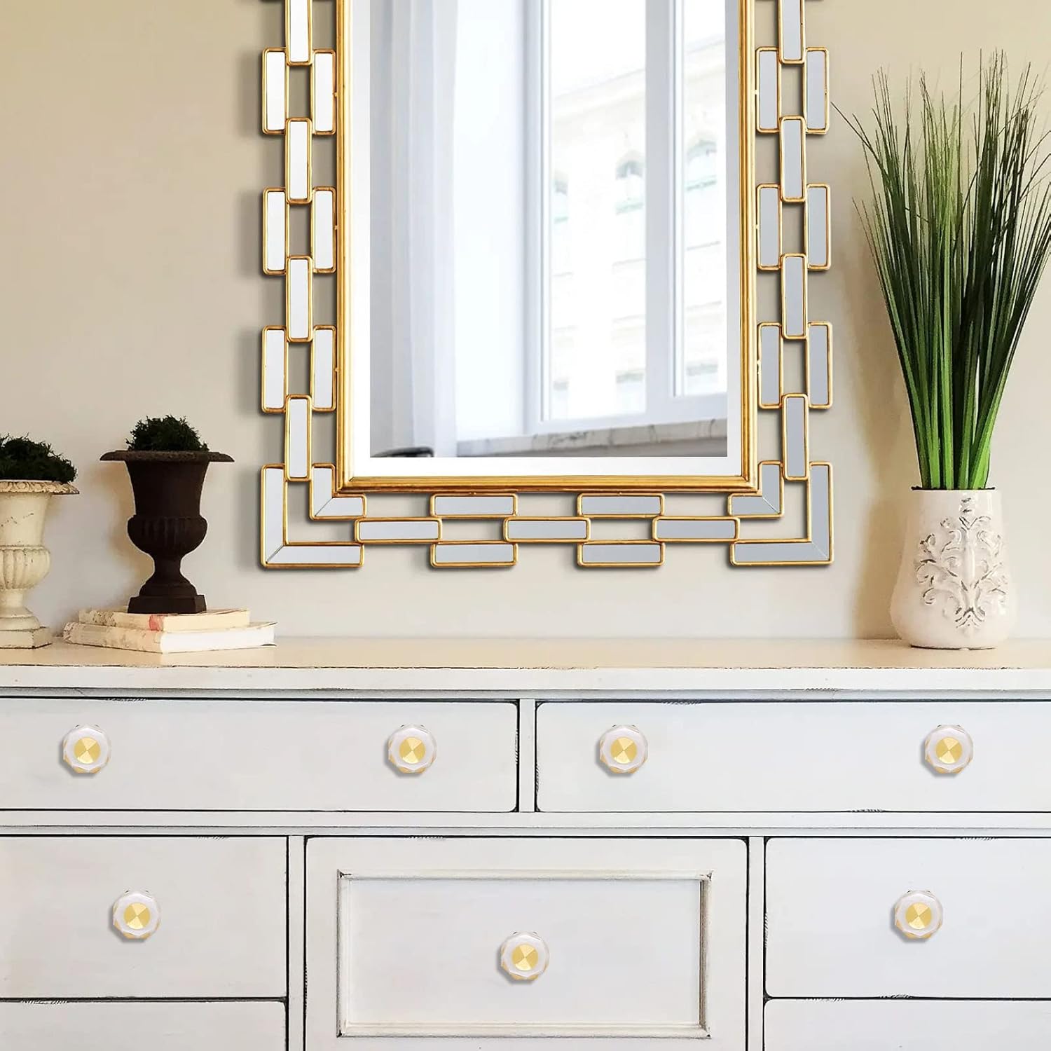 1-1/4 inch Brass Crystal Cabinet Knobs 10 Pack, Polygon Brass Dresser Cupboard Drawer Pulls, Modern Brushed Gold Knobs for Cabinets and Drawers