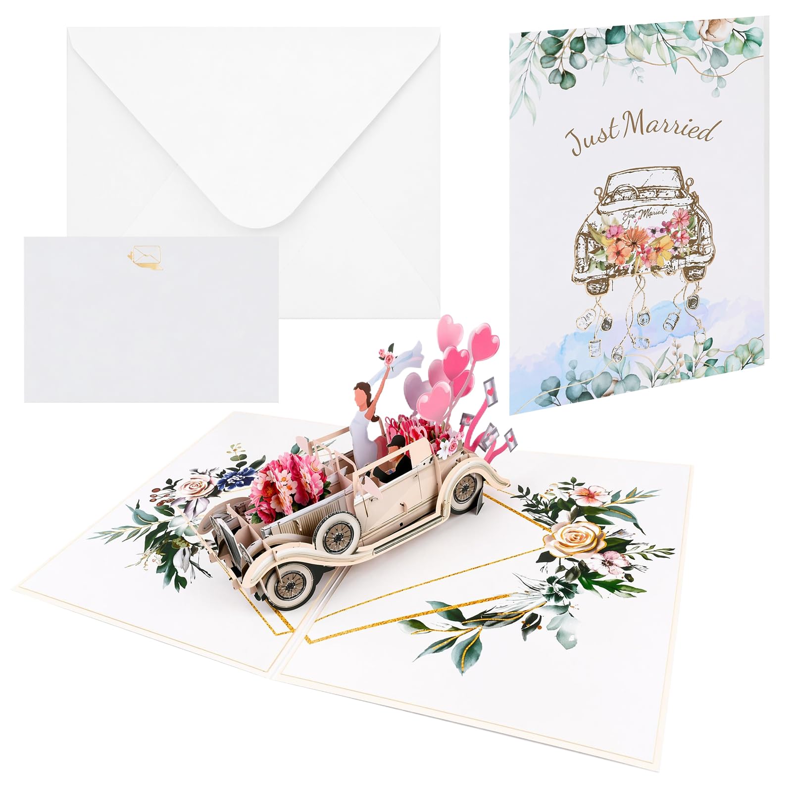 3D Pop Up Wedding Card for Bride and Groom - Vintage Car & Floral Watercolor Cover, Romantic Just Married Greeting Cards for Engagement, Bridal Shower and Newlyweds