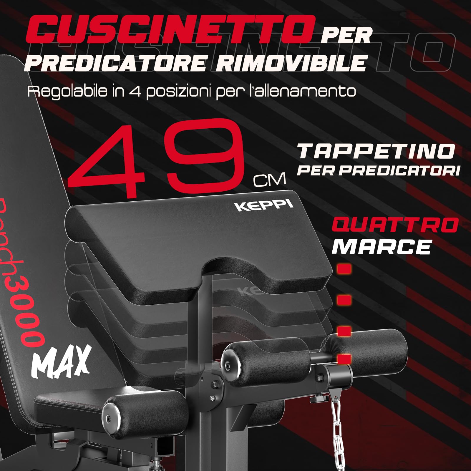 Keppi Panca Palestra Multifunzione, con 600 kg Capacità - Regolabile con Estensione per Gambe e Cuscinetto Preacher, Design Ultra Resistente per Casa - Bench3000 Max
