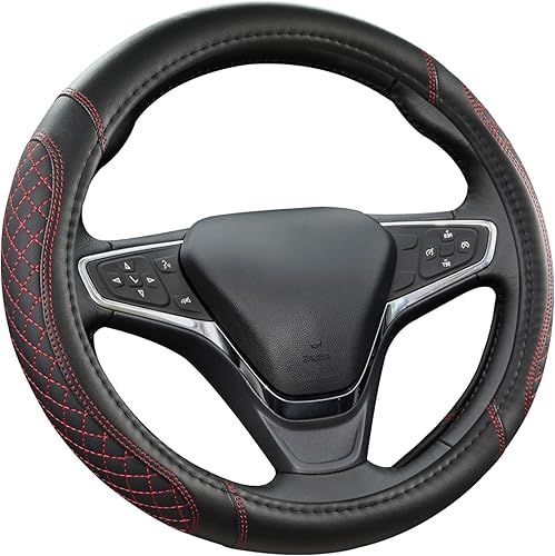 Miniatura 8 de West Llama - Funda para volante de automóvil personalizable, diseño acolchado con patrón de diamantes, color negro y rojo, tamaño estándar