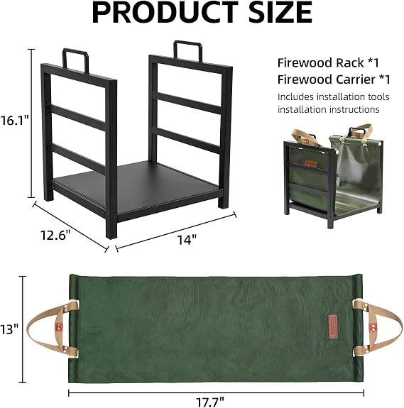 Firewood Rack Indoor Outdoor with Firewood Carrier, Fireplace Wood Log Holder Heavy Duty Metal, Indooor Firewood Holder for Fireplace Wood Storage, 16 inch, Green