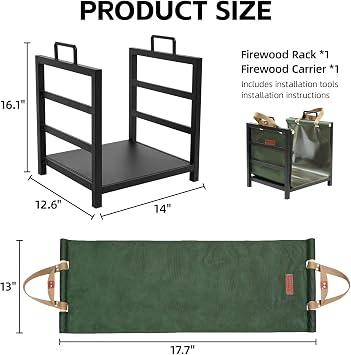 Firewood Rack Indoor Outdoor with Firewood Carrier, Fireplace Wood Log Holder Heavy Duty Metal, Indooor Firewood Holder for Fireplace Wood Storage, 16 inch, Green