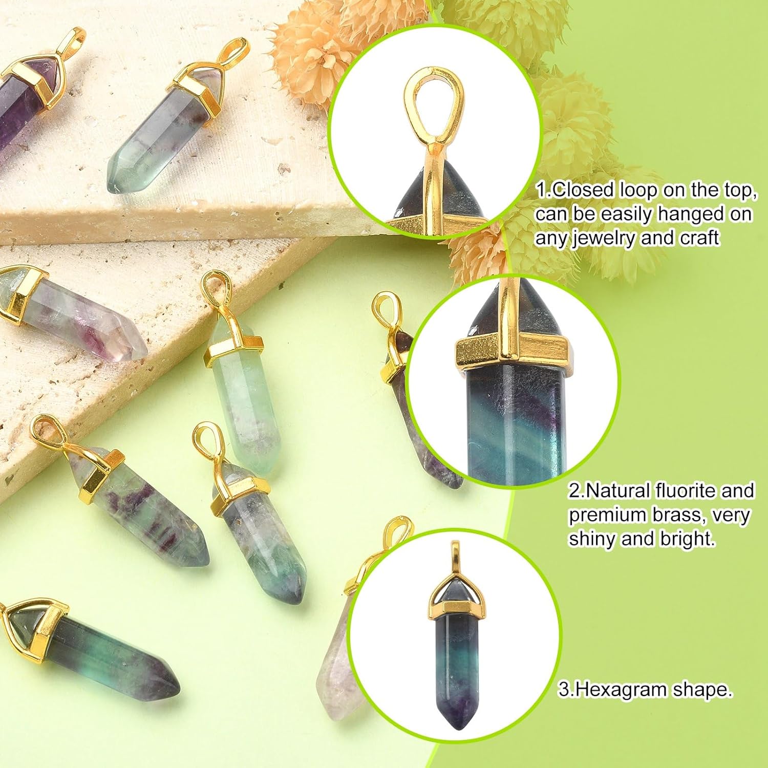 KitBeads 20Pcs Natural Fluorite Gemstone Bullet Shape Charms Healing Pointed Chakra Bullet Charms for Jewelry Making
