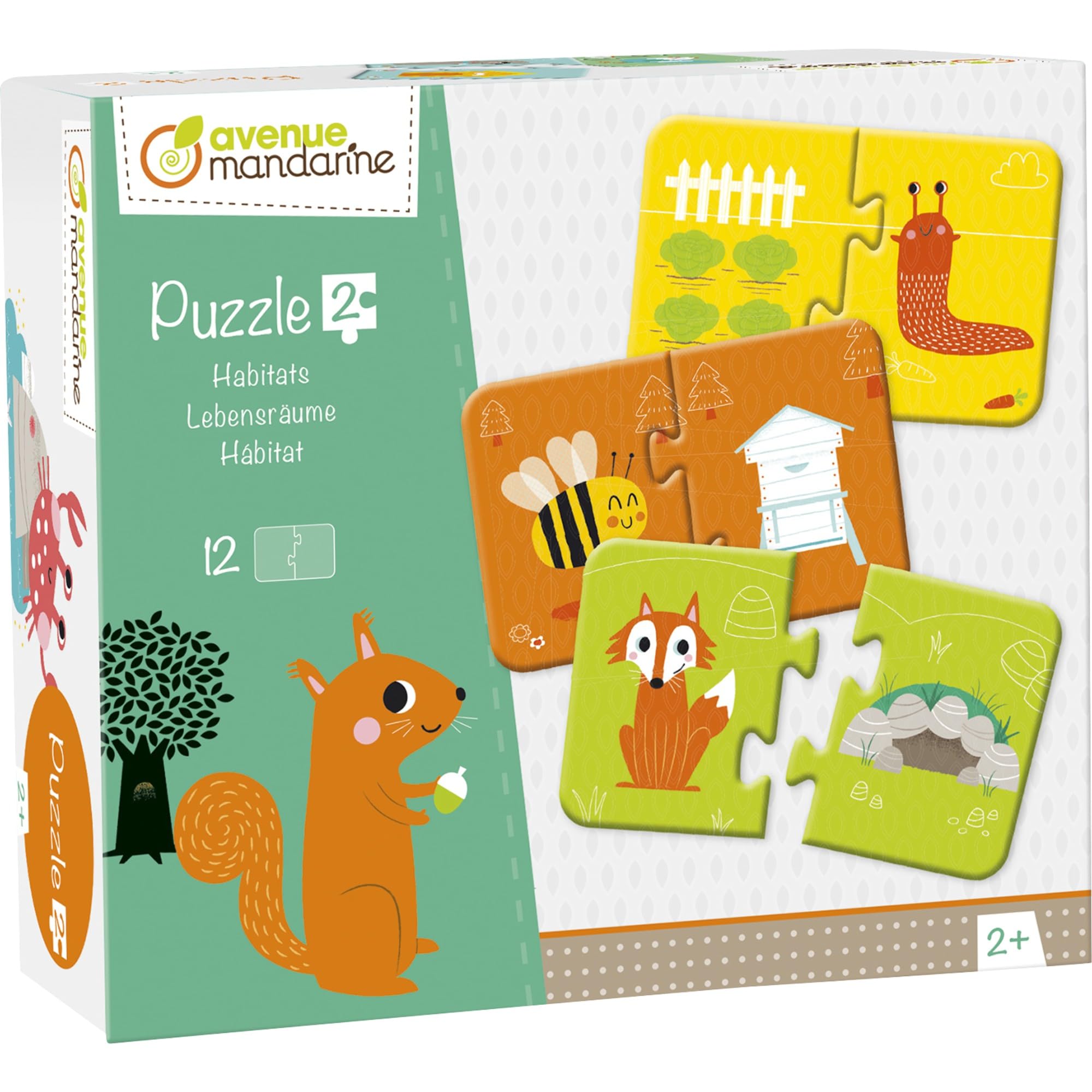 Avenue Mandarine - Ref JE511C - Puzzle Box - 12 x 2-Piece Puzzles - Learn Animal Habitats - 8 x 12cm When Assembled, Thick Cardboard Pieces, Suitable for Ages 2+