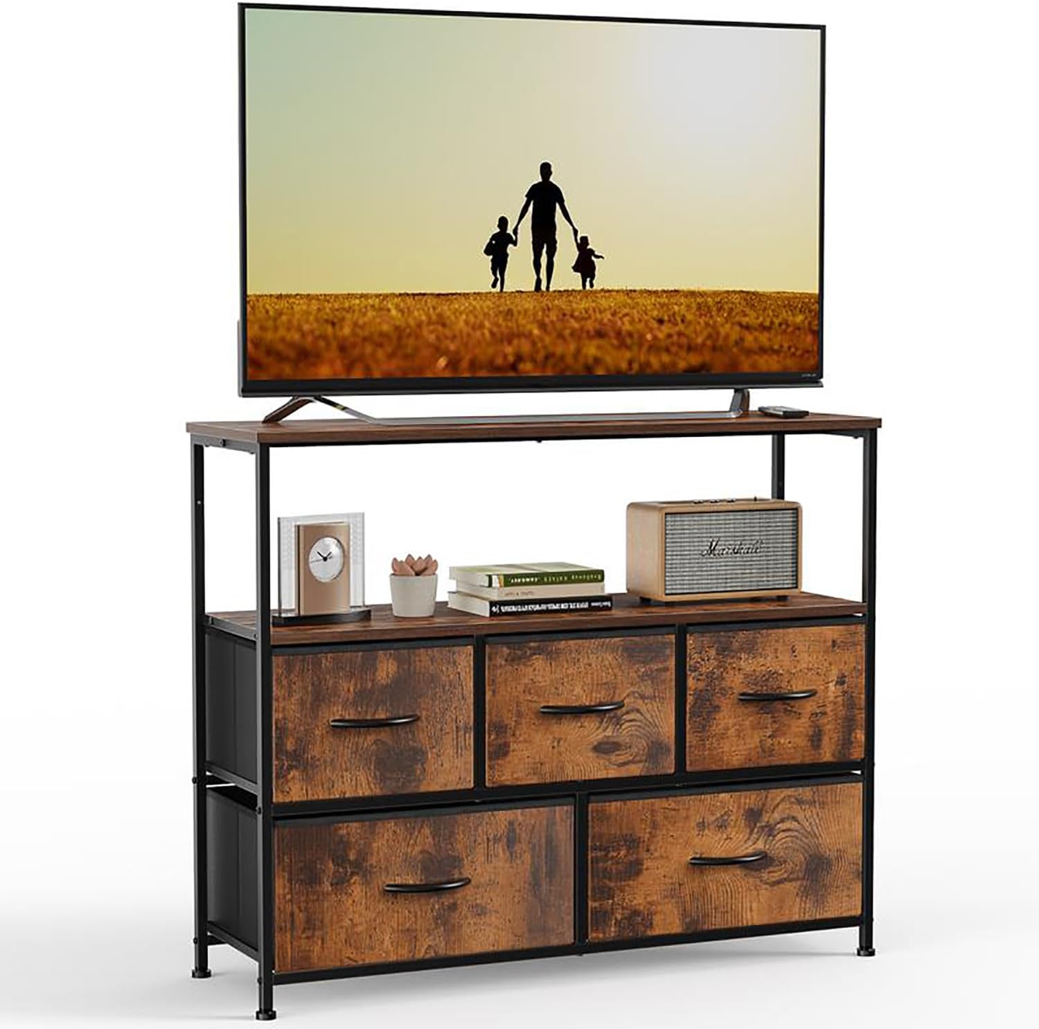 TV Console Table, Dresser tv Stand, TV StandEntertainment Center with 5 Fabric Drawers,Media Console Table for TV with Open StorageShelf Dresser for Bedroom/Living Room/Hallway, Grey