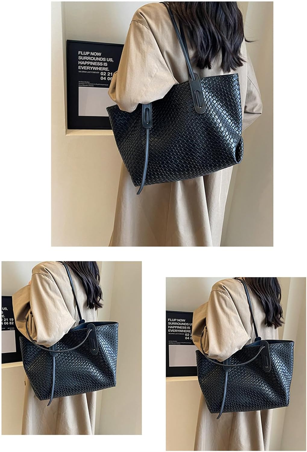 Woven Leather Tote Bag for Women, Large Capacity Shoulder Handbag, Casual Style, 17.72 x 11.02 x 7.09 Inches, 4 Colors