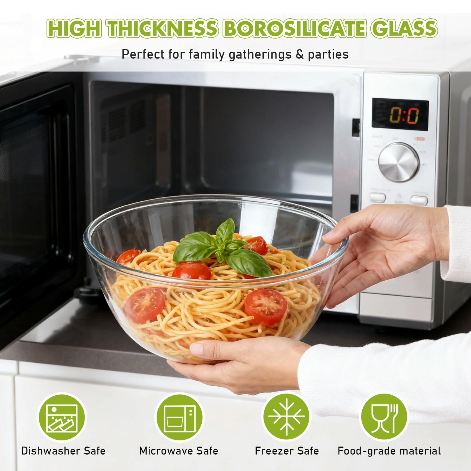 Greentainer Juego de ensaladera de 4 piezas, cubiertos para ensalada con cuenco para ensalada, cuenco redondo, ensaladera de cristal, apto para lavavajillas