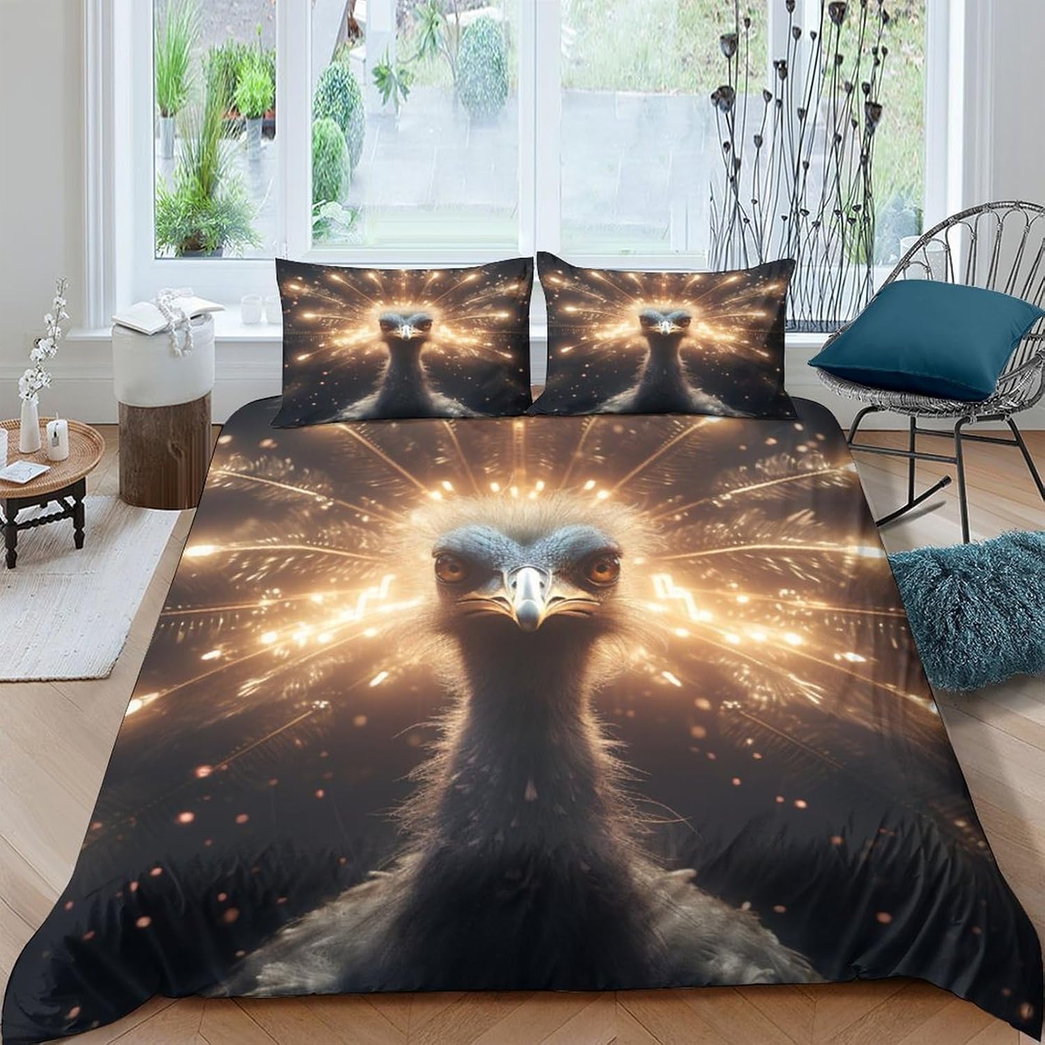 Housse de couette 200x200 autruche 3D parure lit microfibre 3 pièces