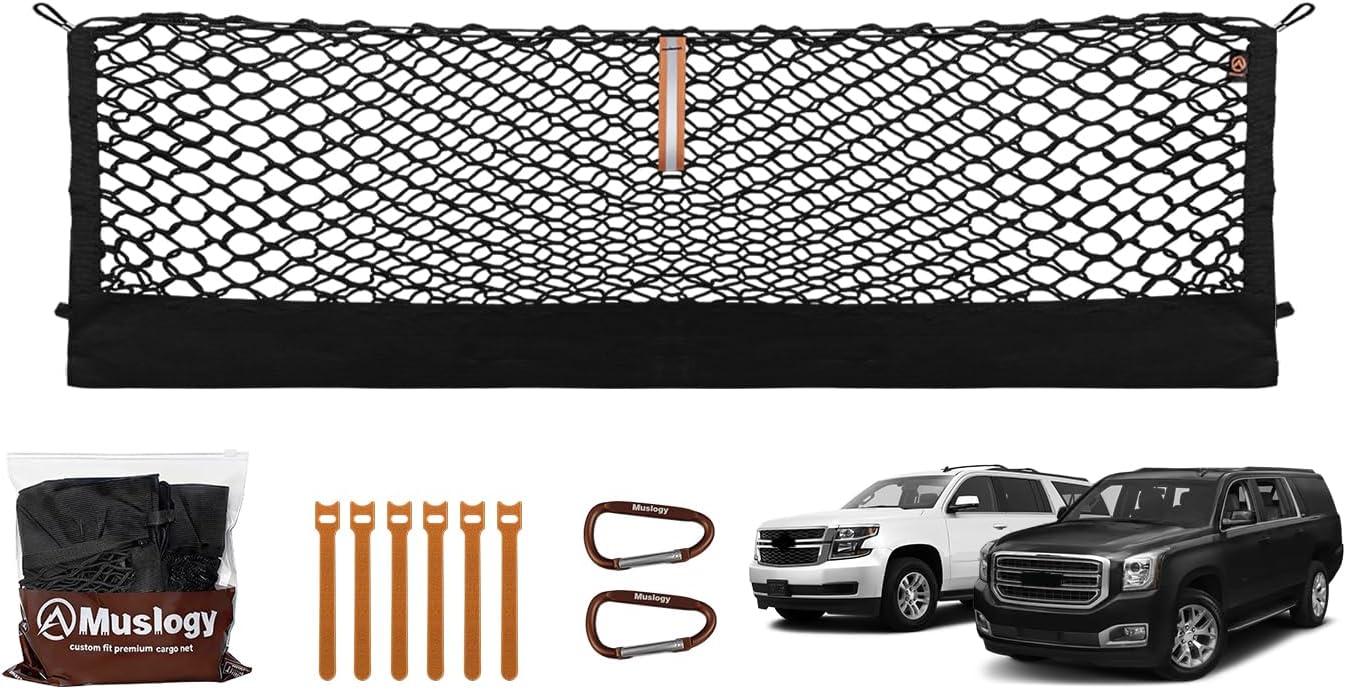 Muslogy Envelope Style Trunk Cargo Net Compatible with 2015-2020 Chevy Suburban, GMC Yukon XL Accessories Upgraded Mesh Storage Luggage Net with Metal Hooks