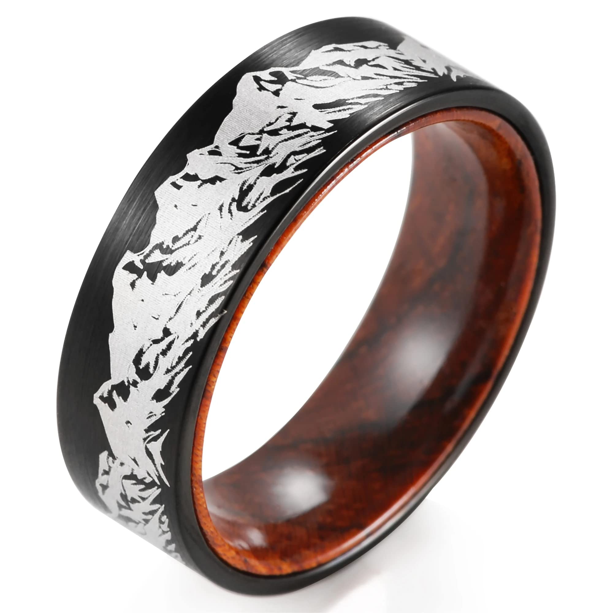 Mens Wood Wedding Titanium Ring Laser Etched Forest Mountain Landscape Pine Spruce Tree Ring Wedding Band for Men 8mm Black Comfort Fit