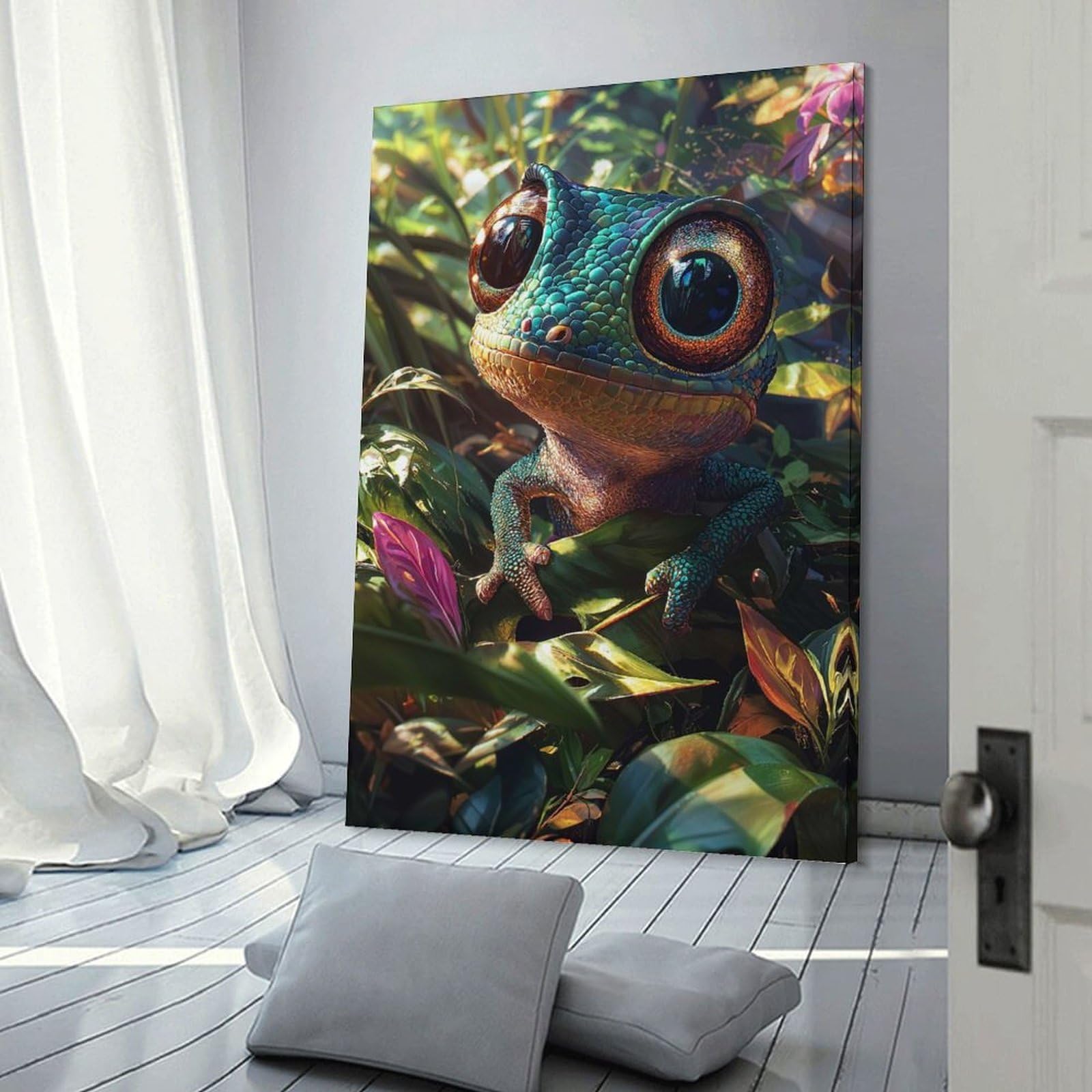 Junmoney Cute Chameleon in Jungle Hanging Wall Art, 24x36inch(60x90cm), for Gallery Wall Decor And Room Displays, Home Wall Art for Statement Displays