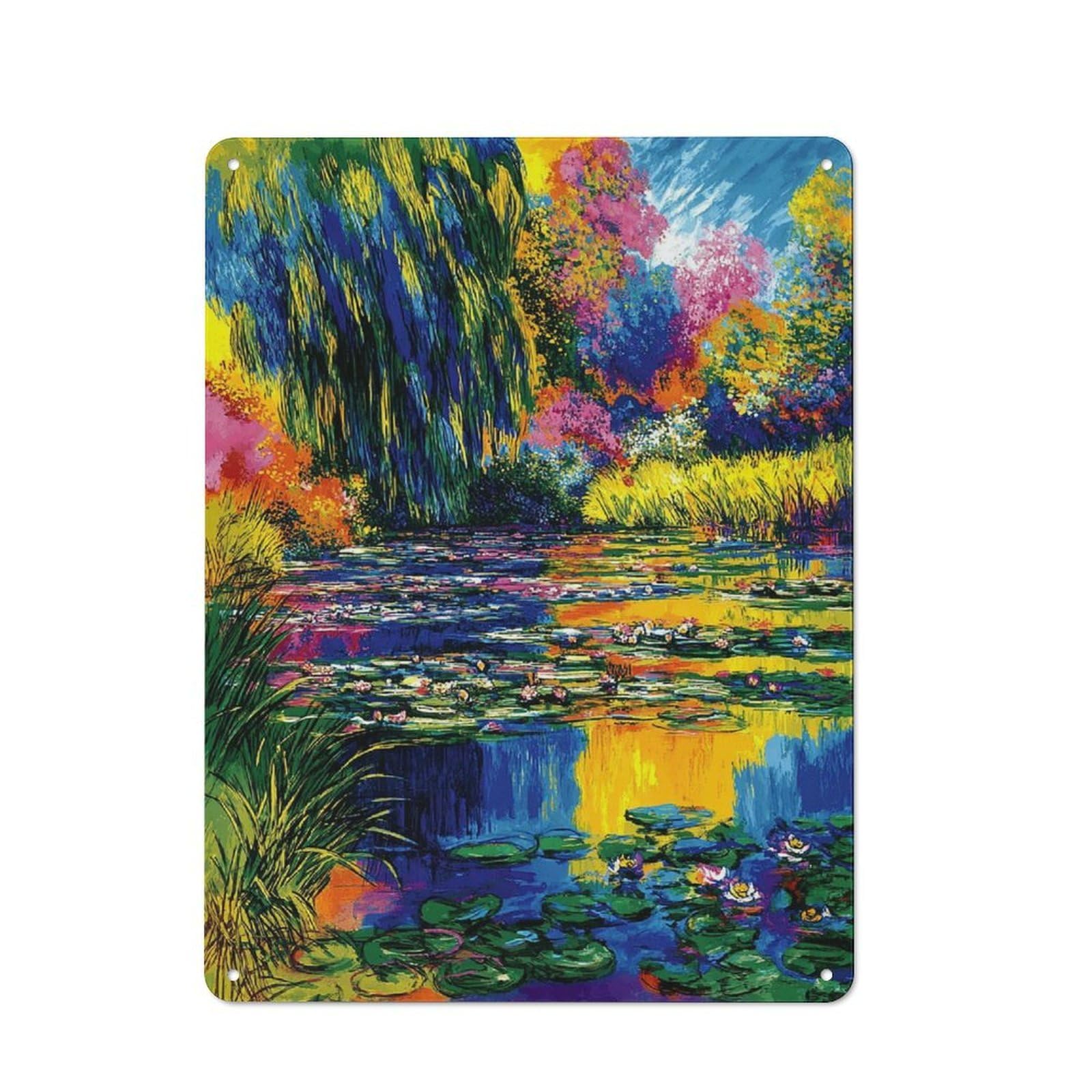 Junmoney Colorful Water Lily Pond Painting Metal Wall Art Sign 40X30cm, Vintage Vintage Wall Decor For Lounge, Study, Pub Or Wall Gallery