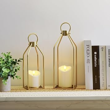 Homemory Modern Farmhouse Gold Metal Lanterns 2PCS with Flameless Candle | Waterproof Lantern Design Outdoor Indoor, Ideal for Fall, Halloween, Christmas, Living Room, Patio, Porch, Tabletop Decor