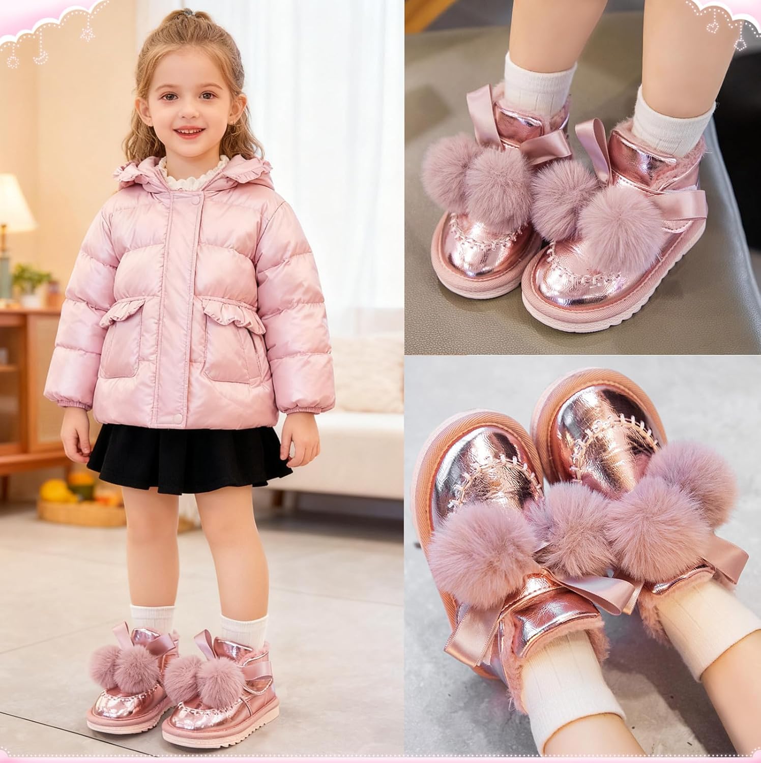 DADAWEN Kids Girls Warm Winter Boots Cute Bowknot Faux Fur Lined Waterpoof Outdoor Snow Boots for Toddler/Little Kid - Image 2