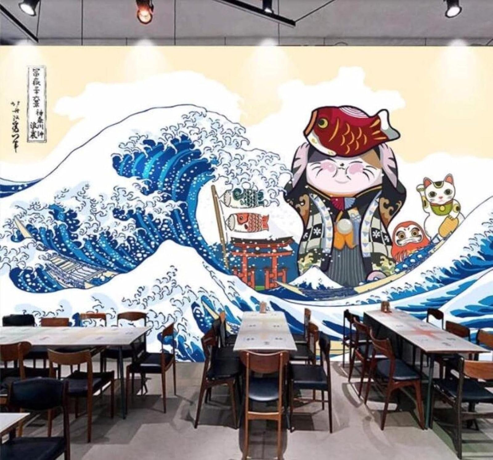 XLMING Blue Waves Kitten Sushi Restaurant Industrial Decor 3D Wallpaper Luxury Silk Study Dining Feature Sofa Grey Bedroom Living Room Tv Decorative Wall-300cm×210cm