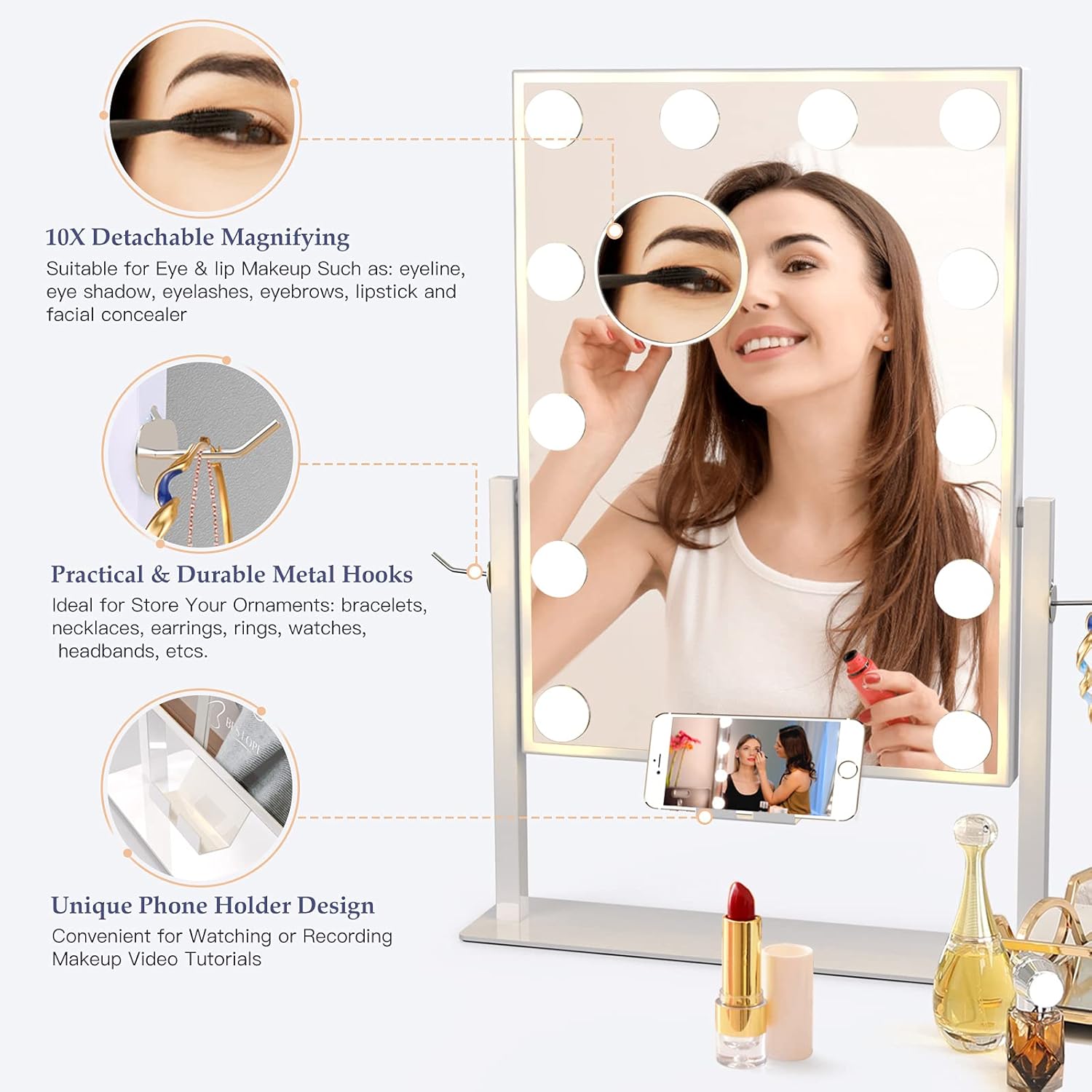 Vanity Mirror with Lights Hollywood Mirror Lighted Makeup Mirror with Phone Holder,3 Color Lighting Modes Detachable 10X Magnification Mirror,14x21 Inch,Touch Control,360°Rotation : Beauty & Personal Care