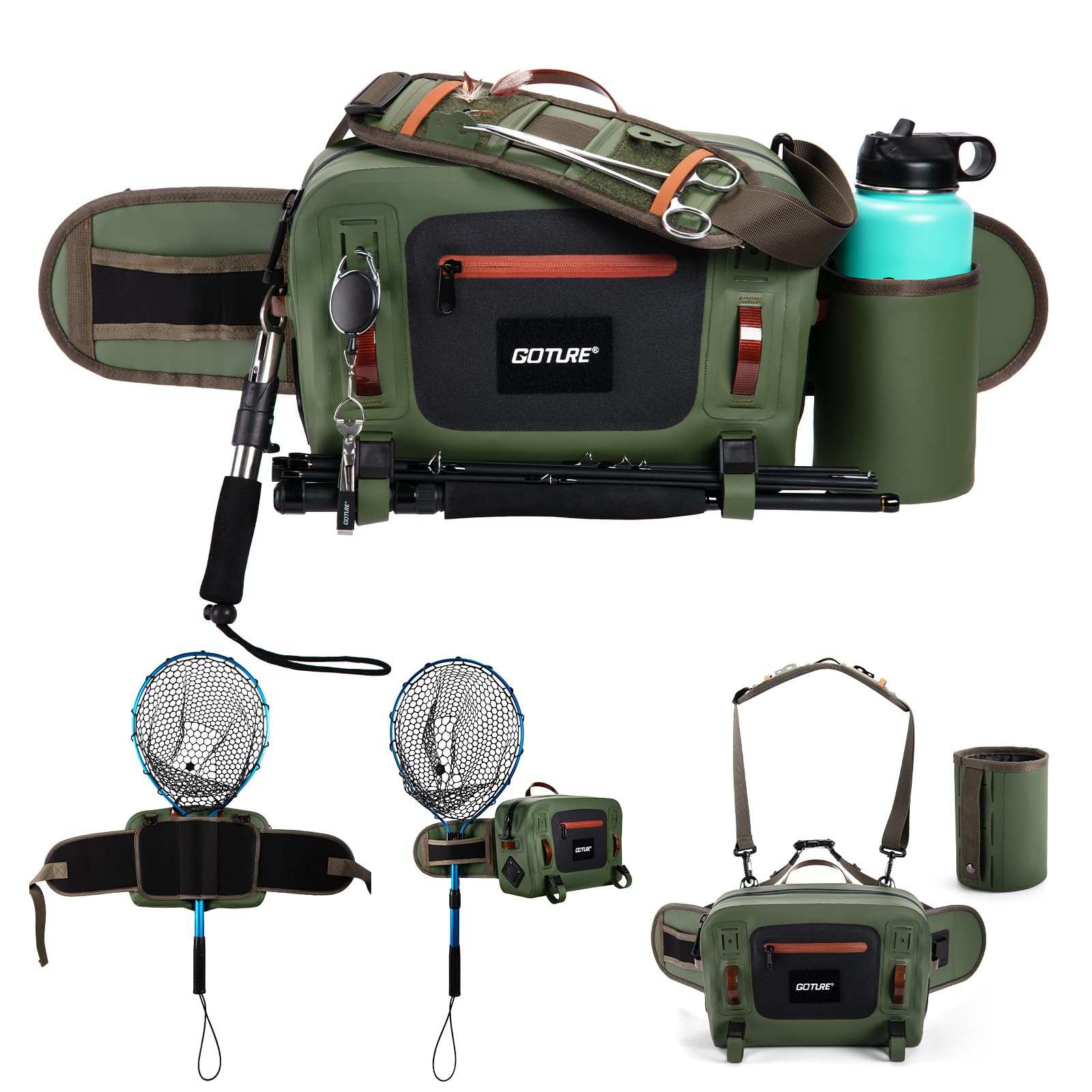 Goture Waterproof Fishing Waist Pack,IPX8 840D TPU Large Tackle Bag with Rod Holder,Airtight Zipper Closure,Detachable Water Bottle Holder, 10L Fly Fishing Bag with Adjustable Strap,Sling Fanny Pack
