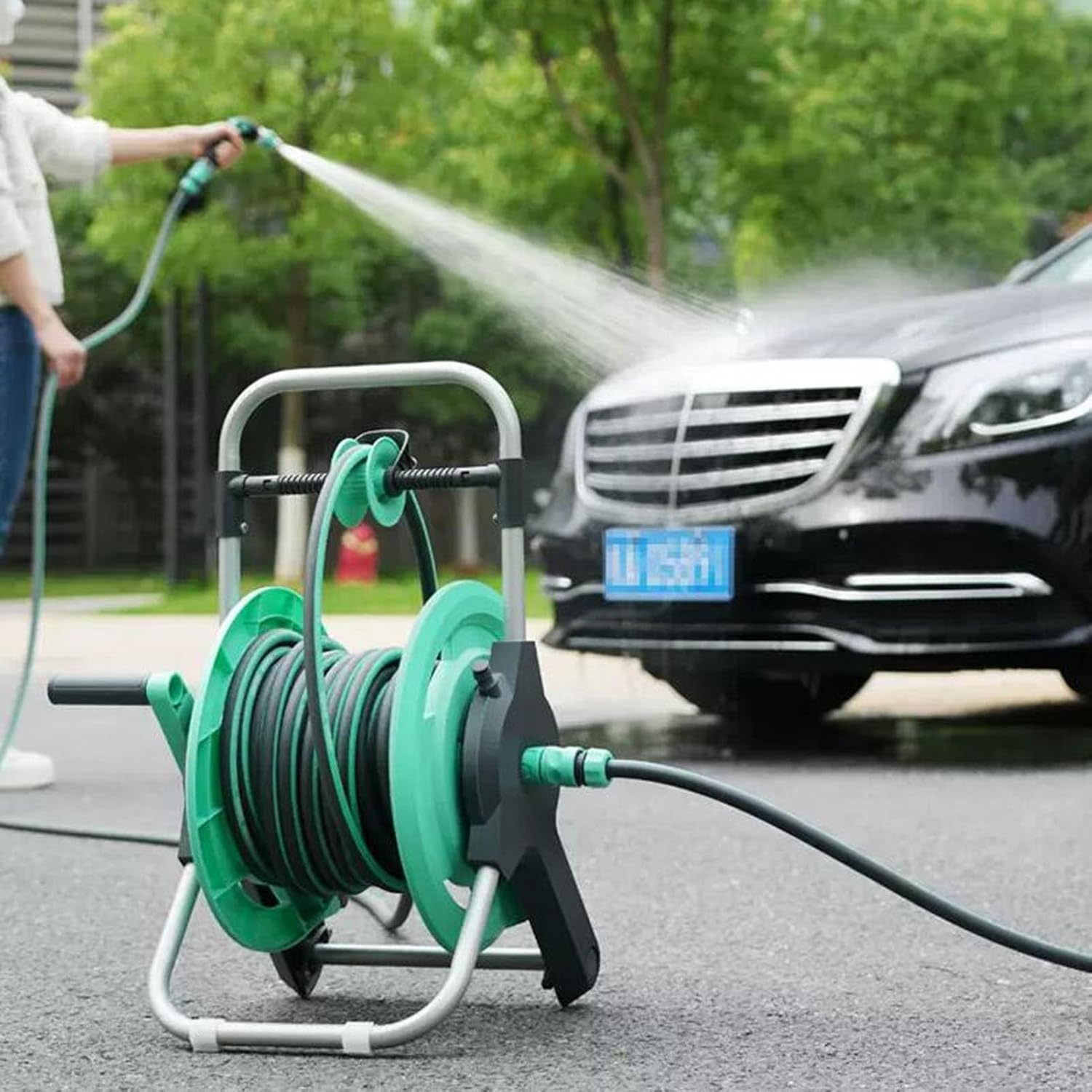 Garden Hose Cart, Portable Hose Reel Storage, Outdoor Car Cleaning, Bathing, Pet Handle, Water Pipe Bracket Cart (Green 15m)
