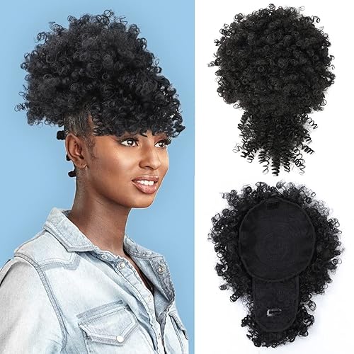 Miniatura 1 de Cola de caballo afro con cordón y flequillo, extensión de pelo corto de cola de caballo de niña negra, rizado con clip, extensiones de cabello hacia