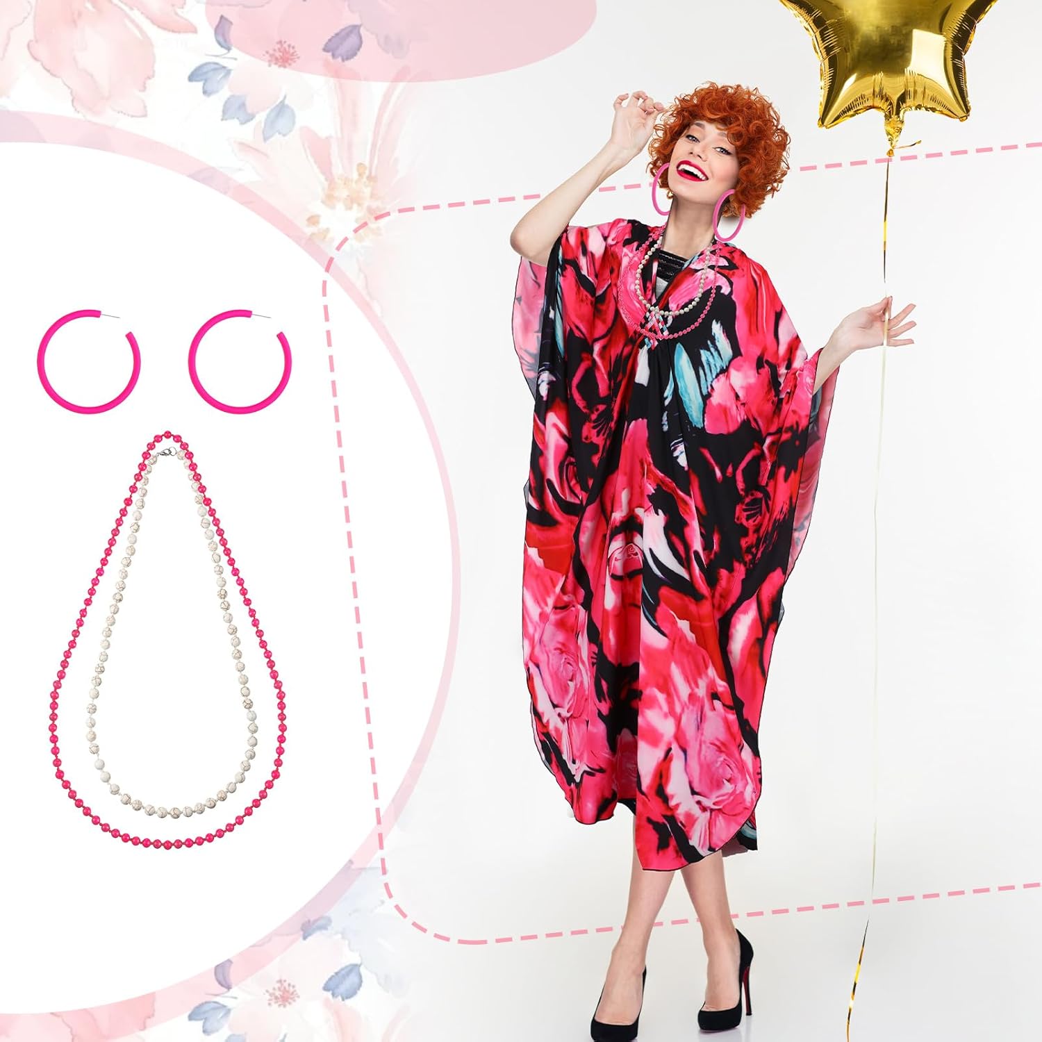 5 Pcs Halloween Women Landlady Costume Set with Print Caftan Dress Curly Wig Bead Necklace Earring for Cosplay Party - Image 4